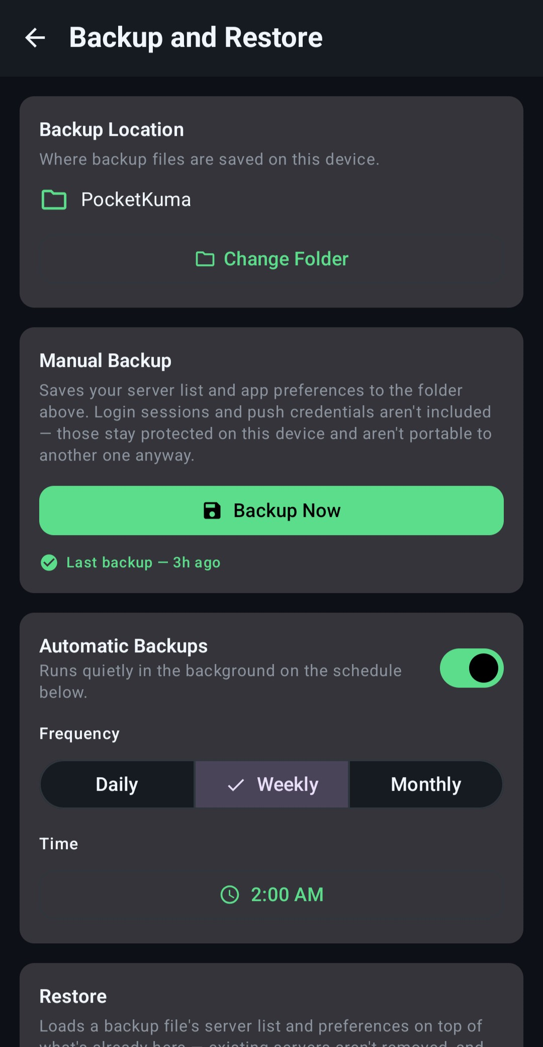 PocketKuma — Backup & Restore screen