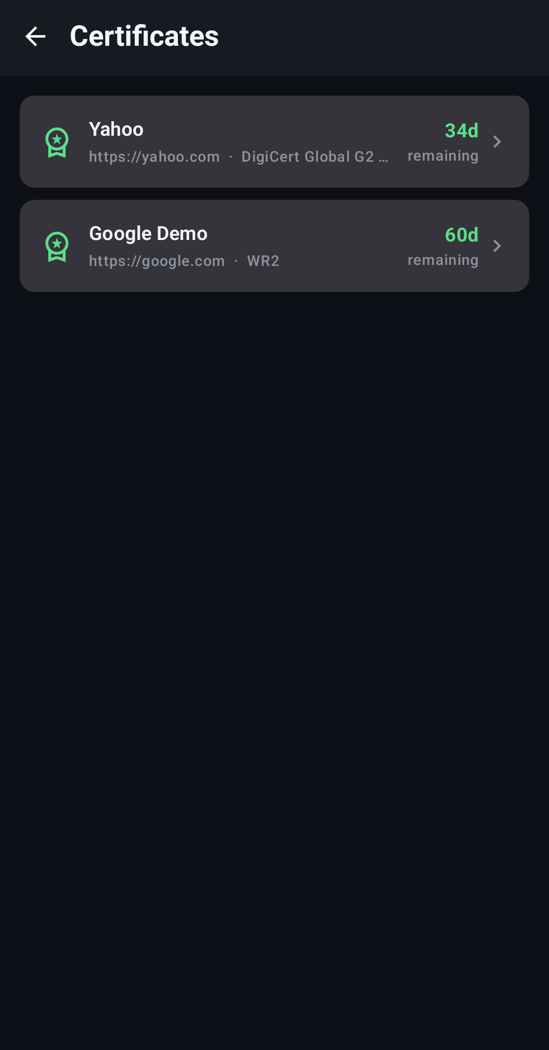 PocketKuma — Certificates screen