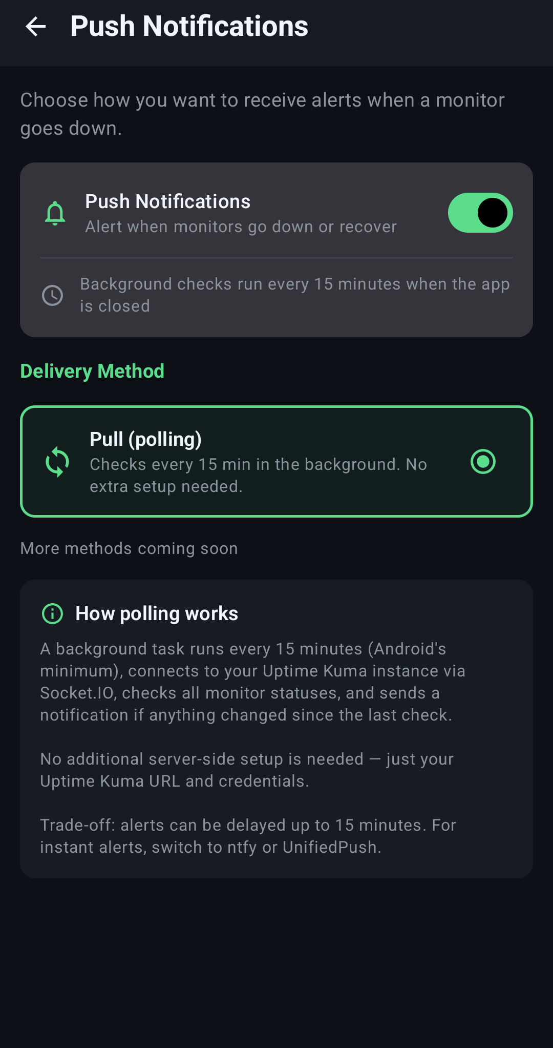 PocketKuma — Client notifications screen