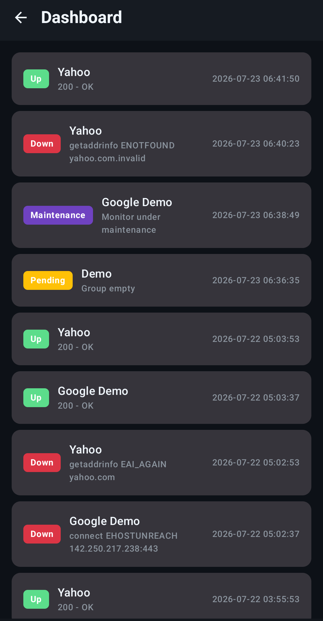 PocketKuma — Dashboard screen