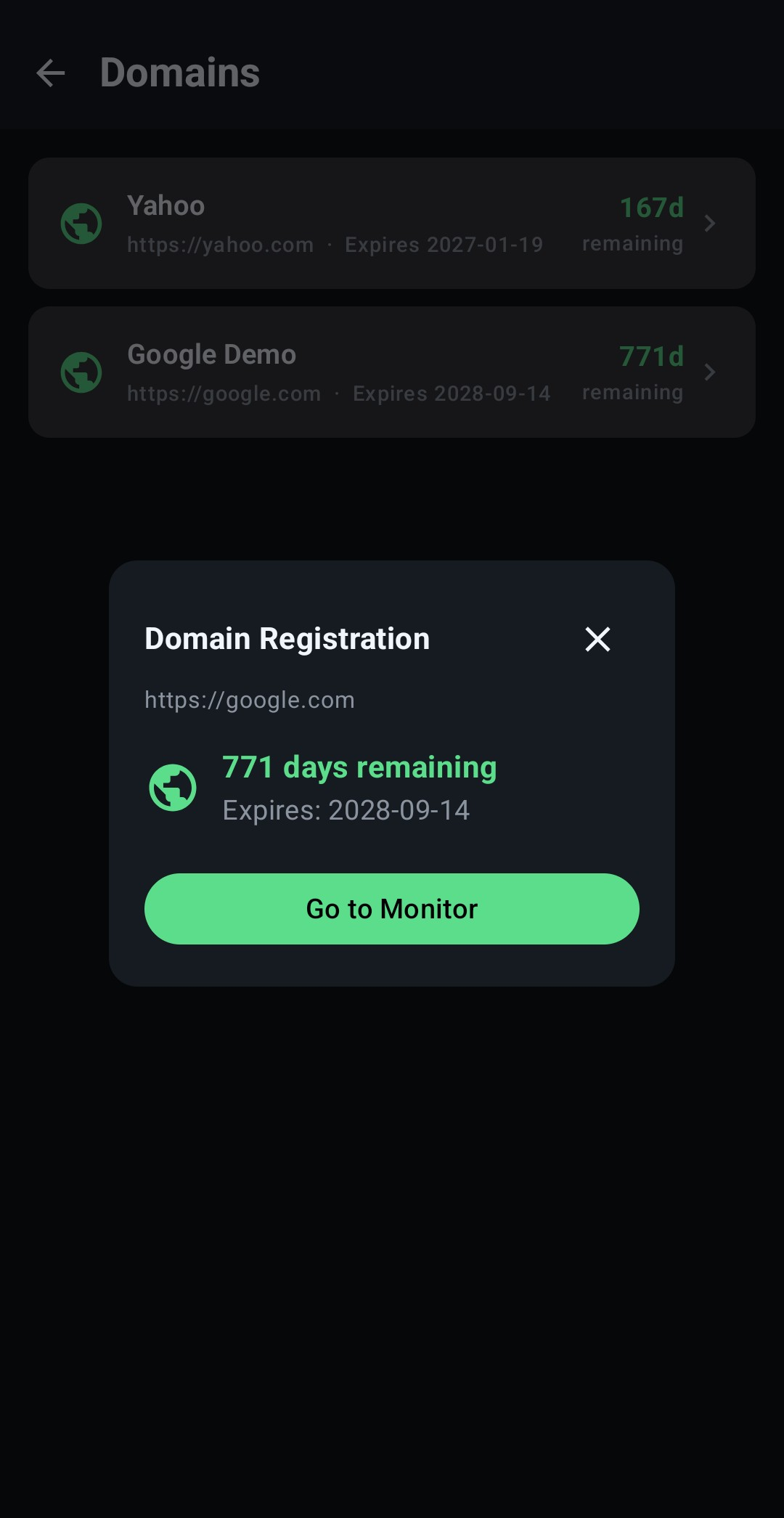PocketKuma — Domains screen