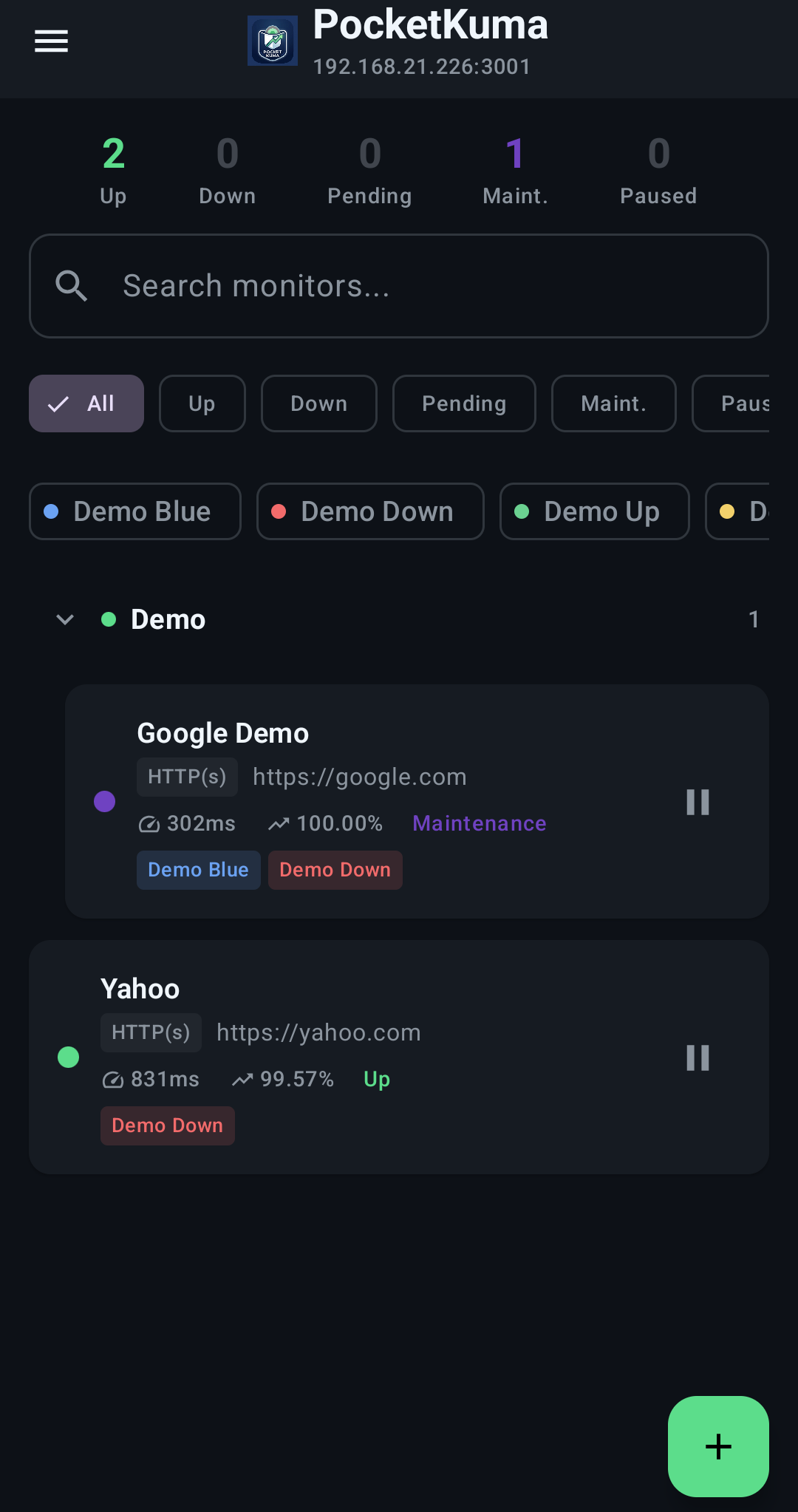 PocketKuma — Monitors screen